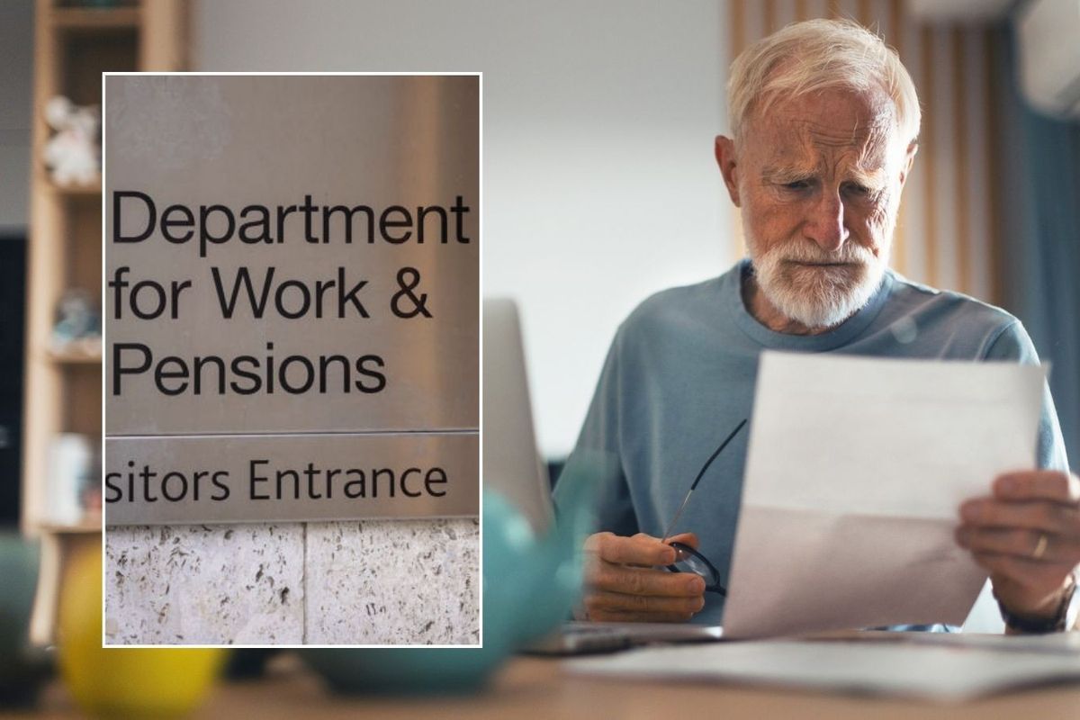 Pensioner looking at letter and DWP sign