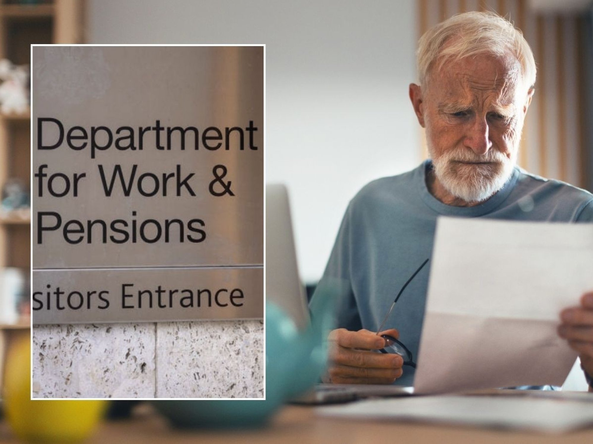 Pensioner looking at letter and DWP sign