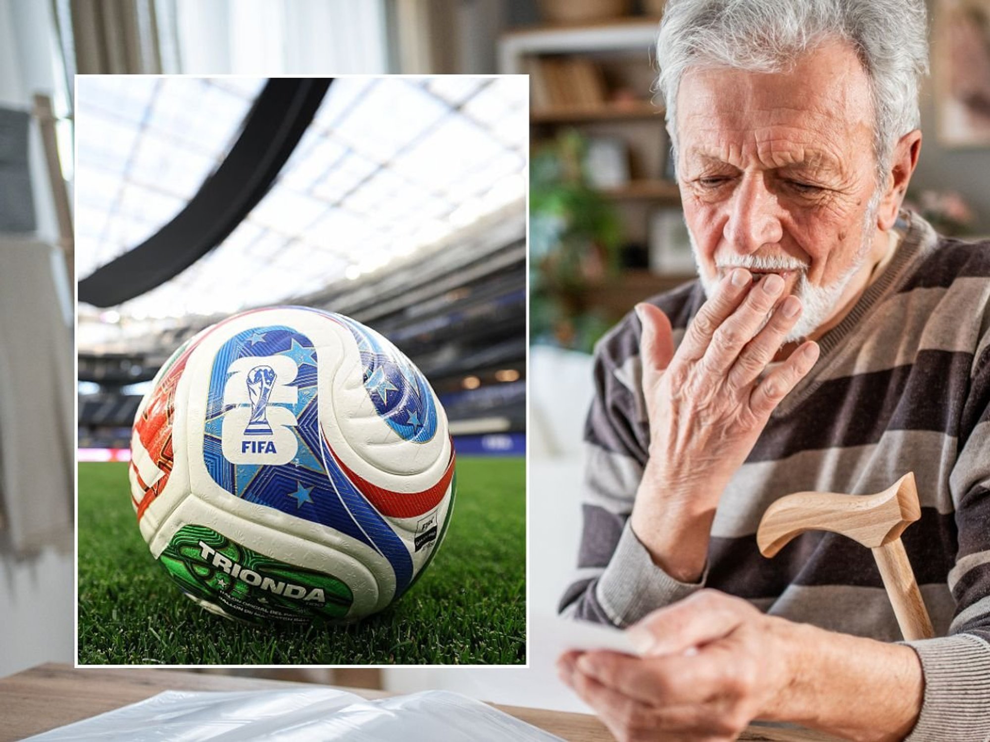 Pensioner looking at letter and World Cup football