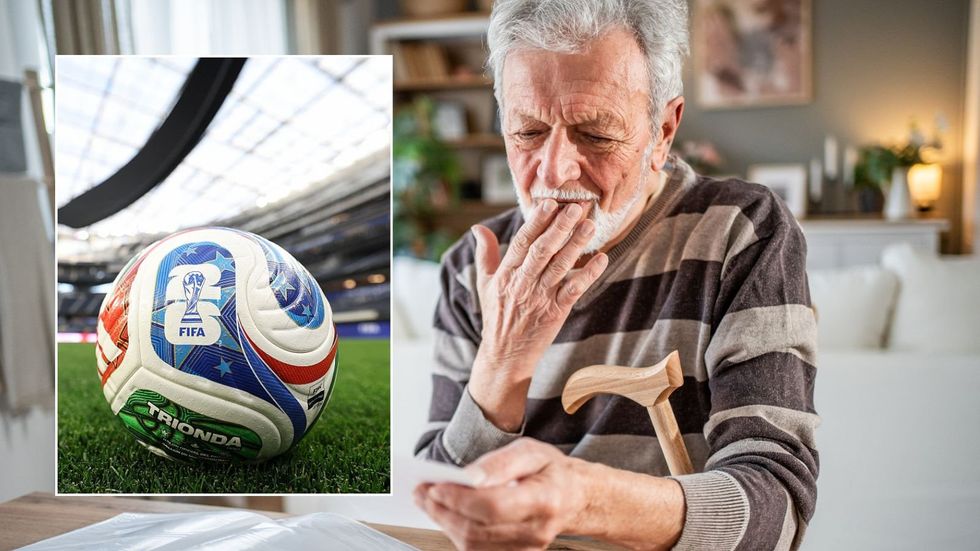 Pensioner looking at letter and World Cup football