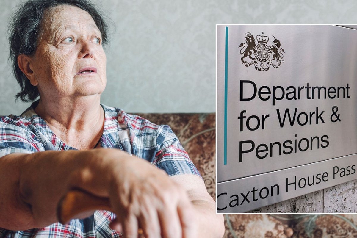Pensioner looking worried and DWP sign