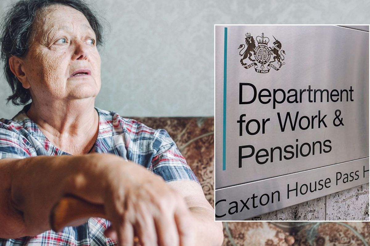 Pensioner looking worried and DWP sign