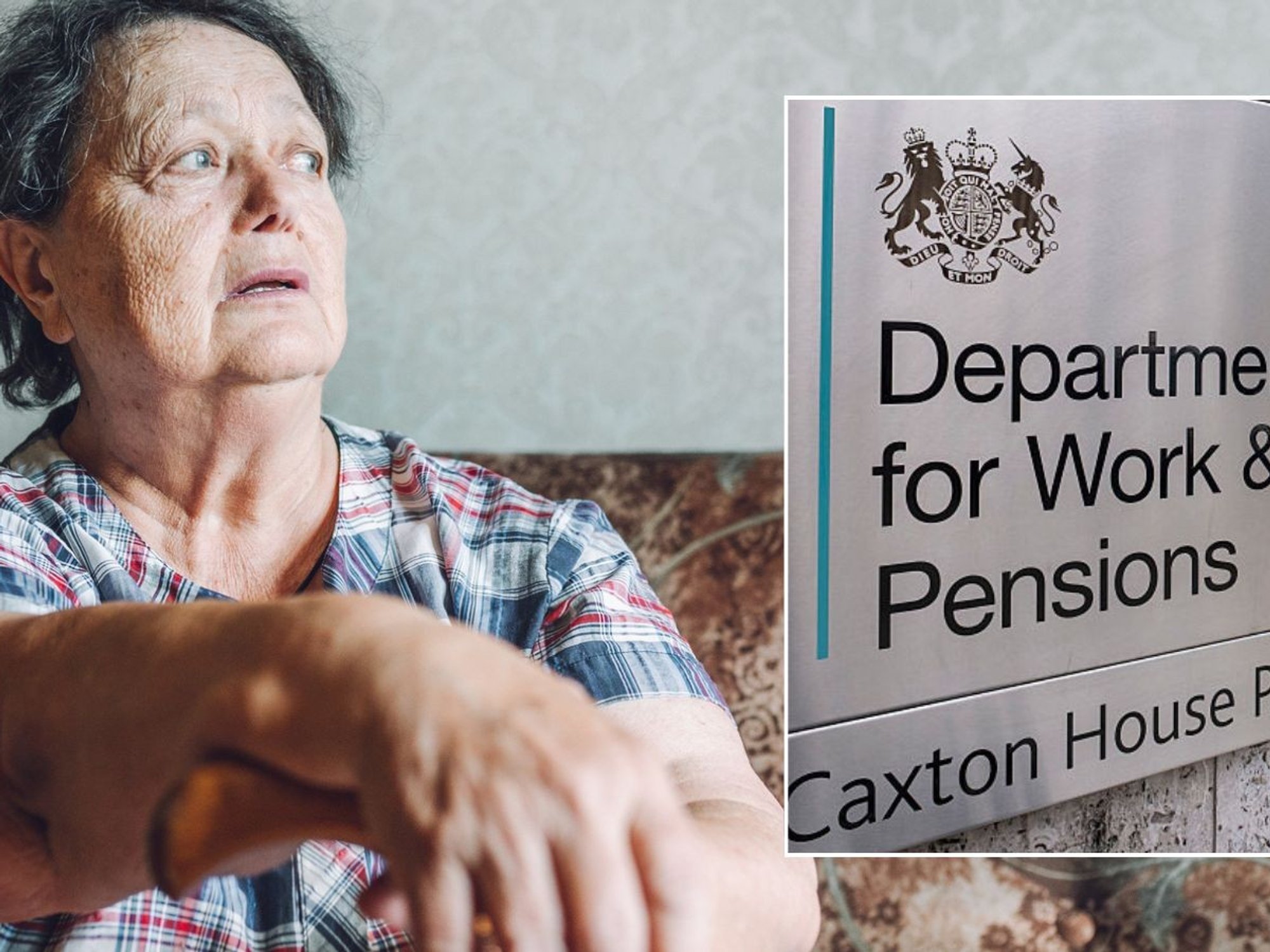 Pensioner looking worried and DWP sign