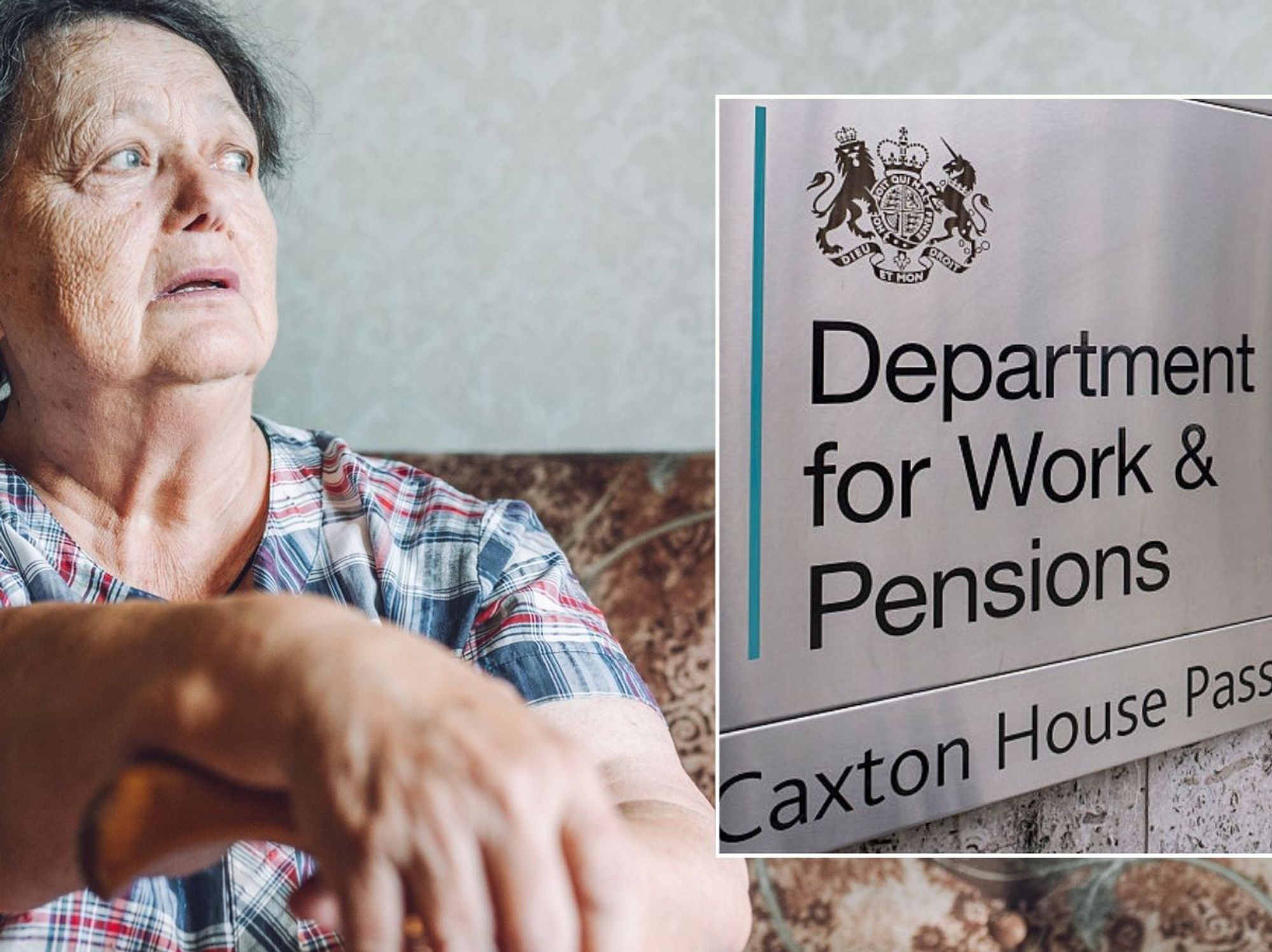 Pensioner looking worried and DWP sign