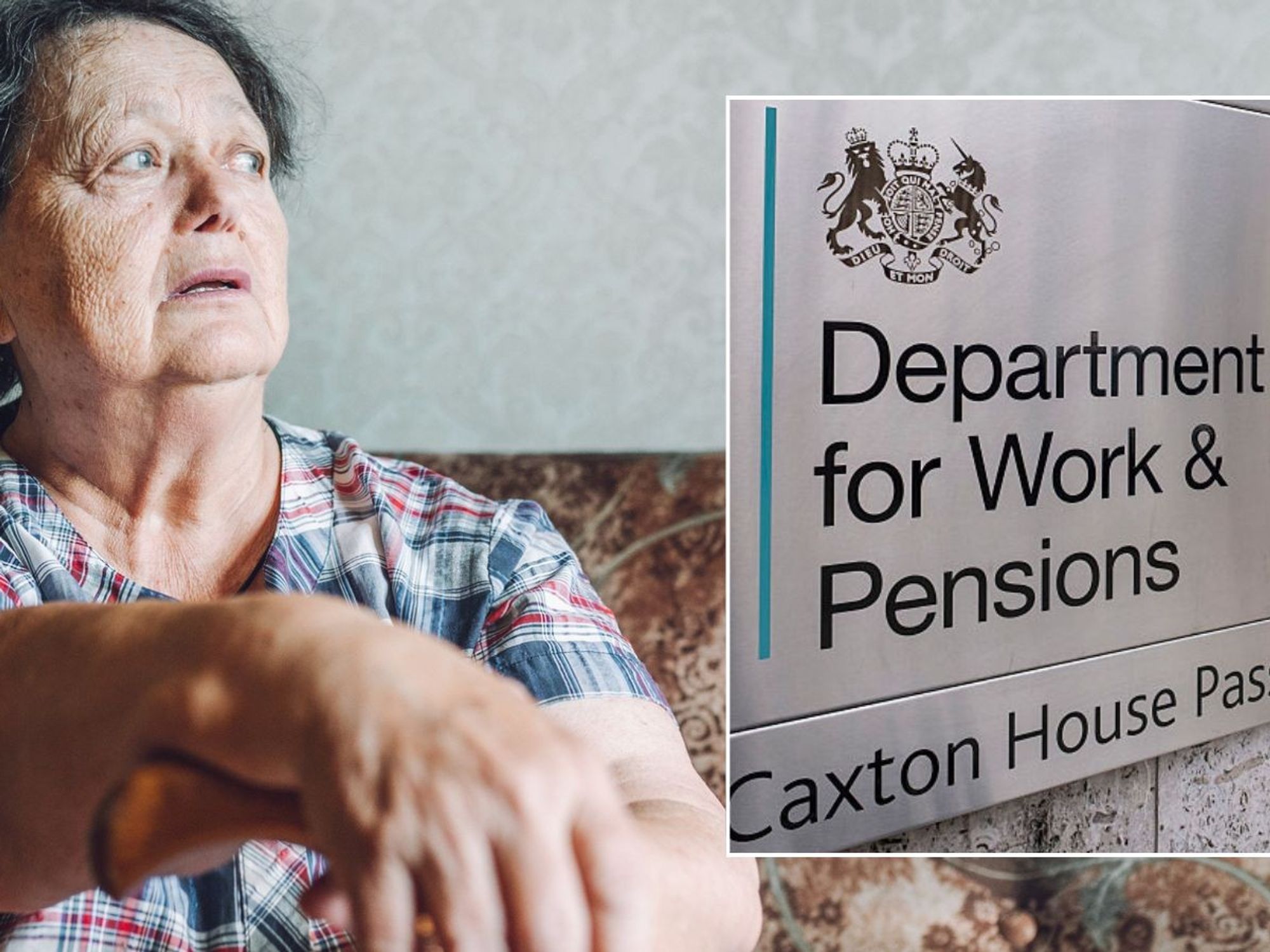 Pensioner looking worried and DWP sign