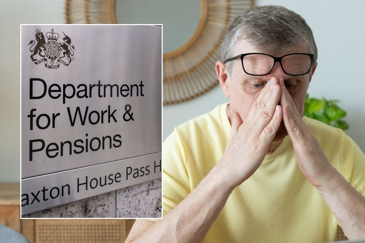 Pensioner looking worried and DWP sign