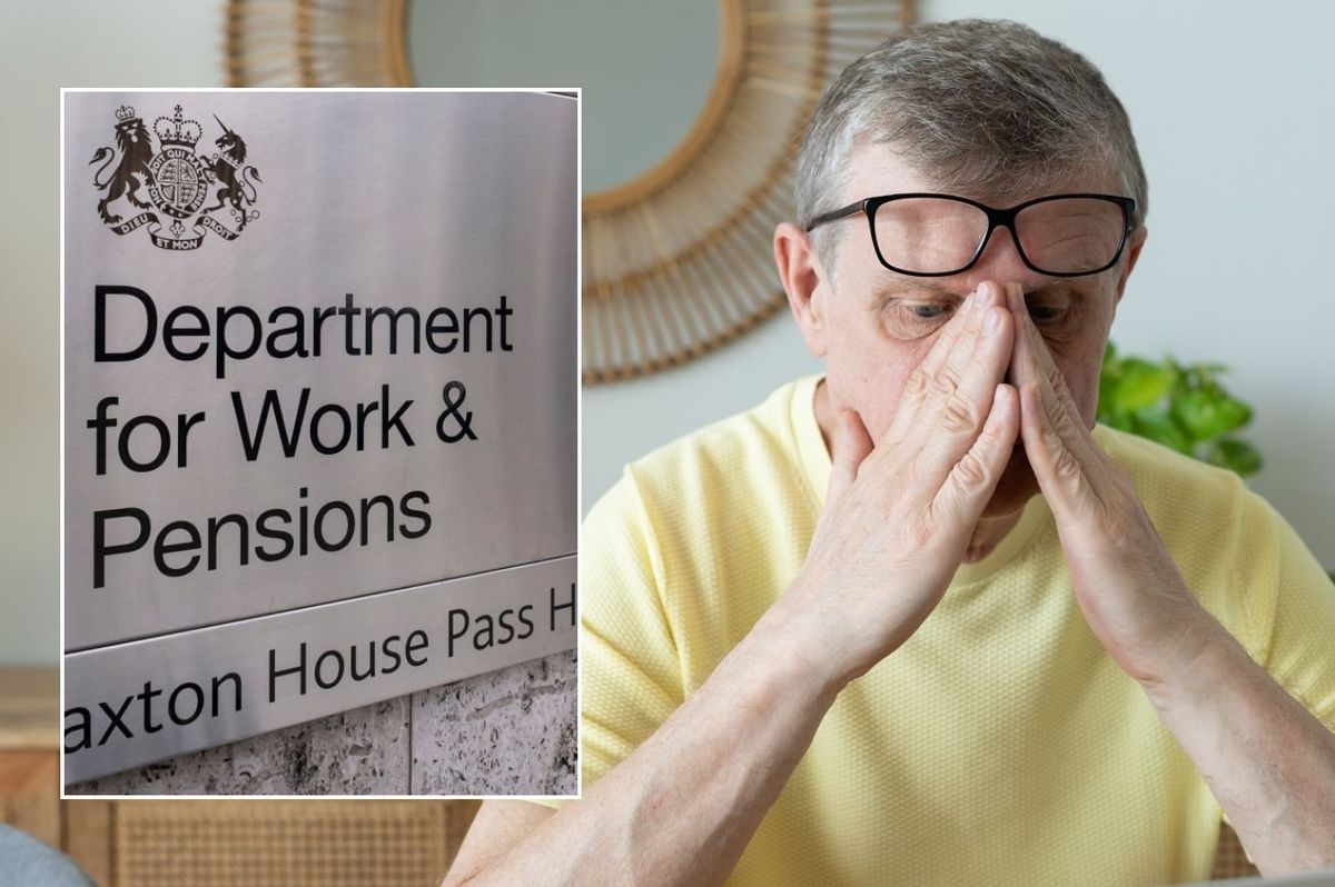 Pensioner looking worried and DWP sign