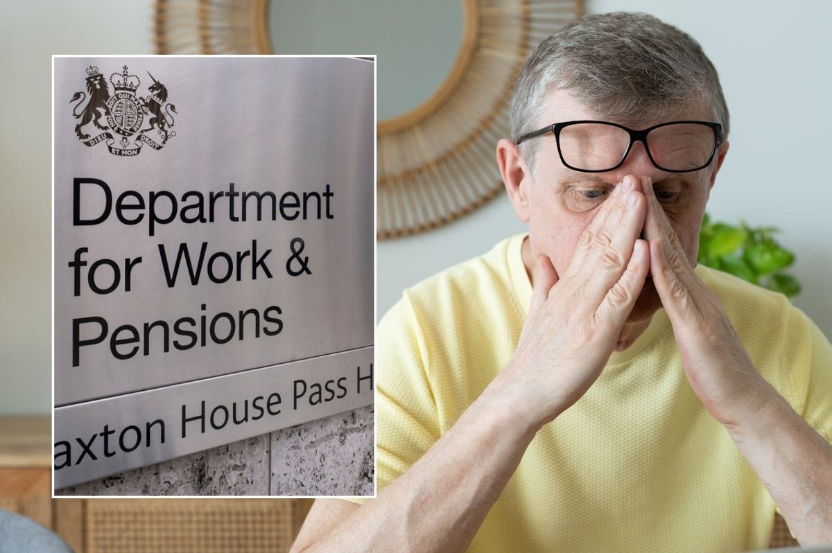 Pensioner looking worried and DWP sign