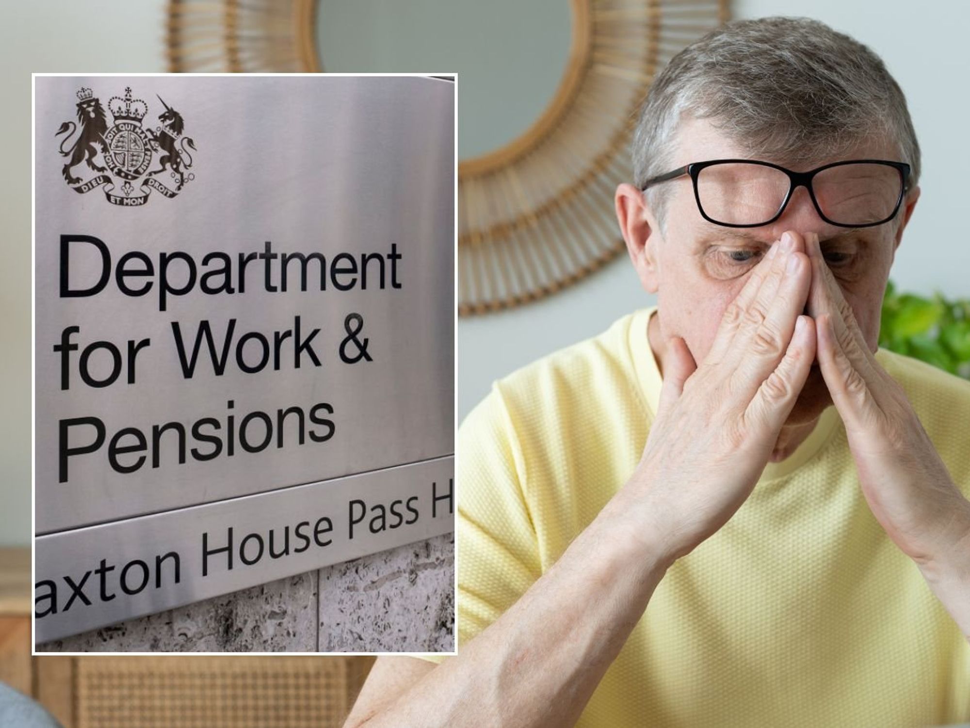 Pensioner looking worried and DWP sign