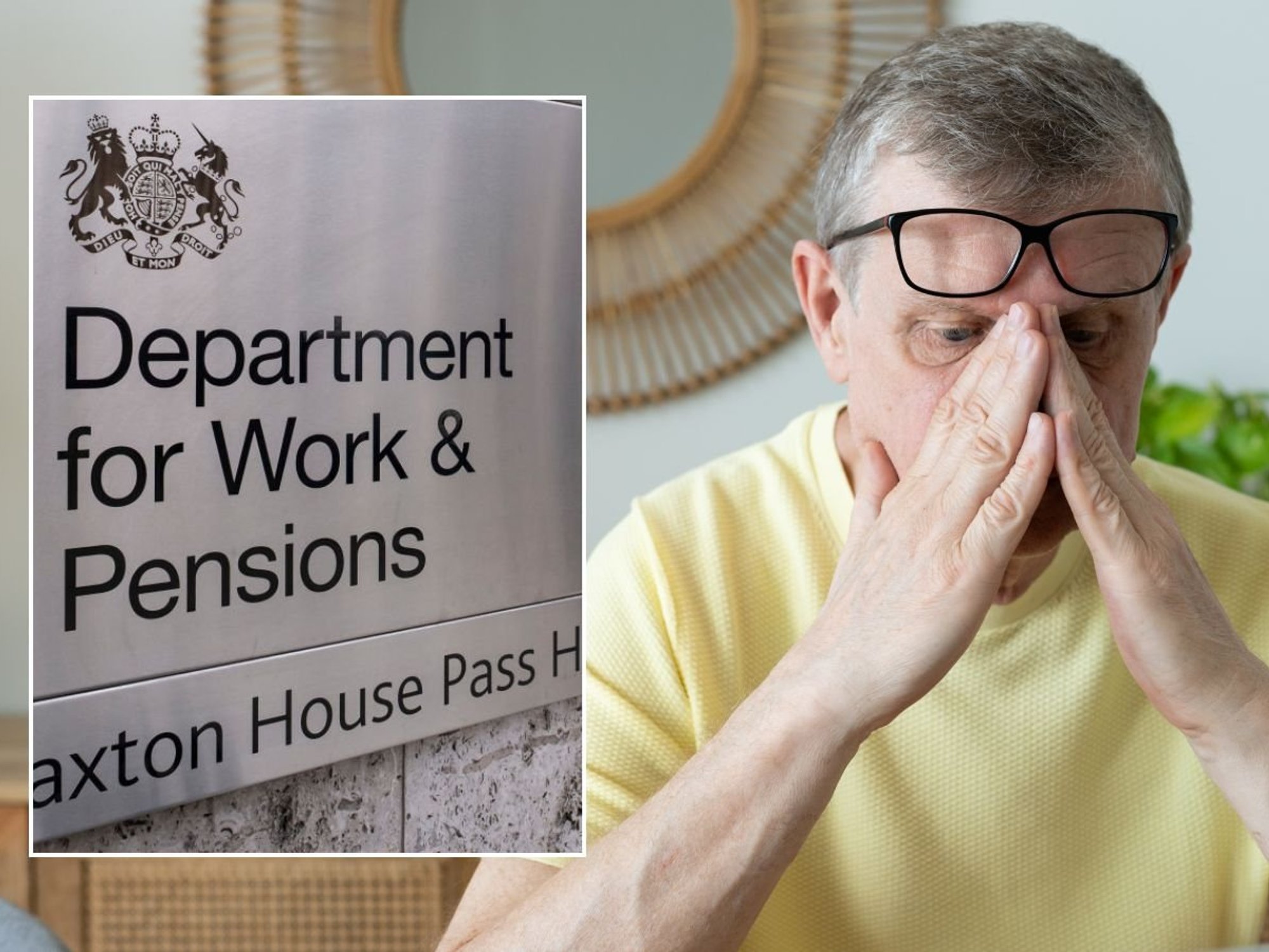 Pensioner looking worried and DWP sign