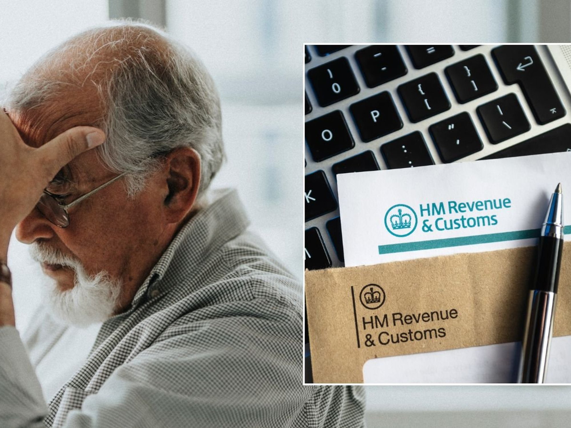 Pensioner looking worried and HMRC letter