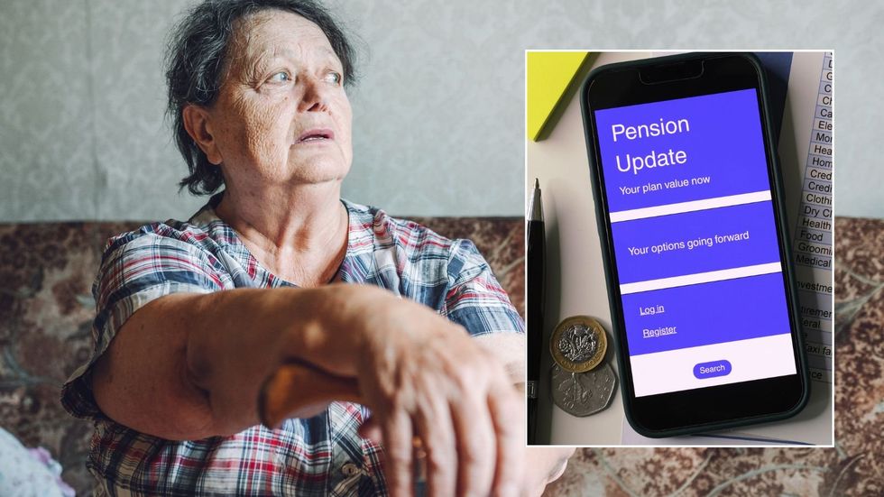 Pensioner looking worried and pension account on phone