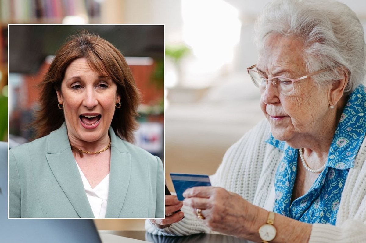 Pensioner looking worried and Rachel Reeves