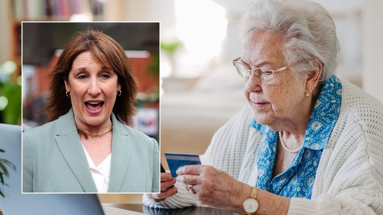 Pensioner looking worried and Rachel Reeves