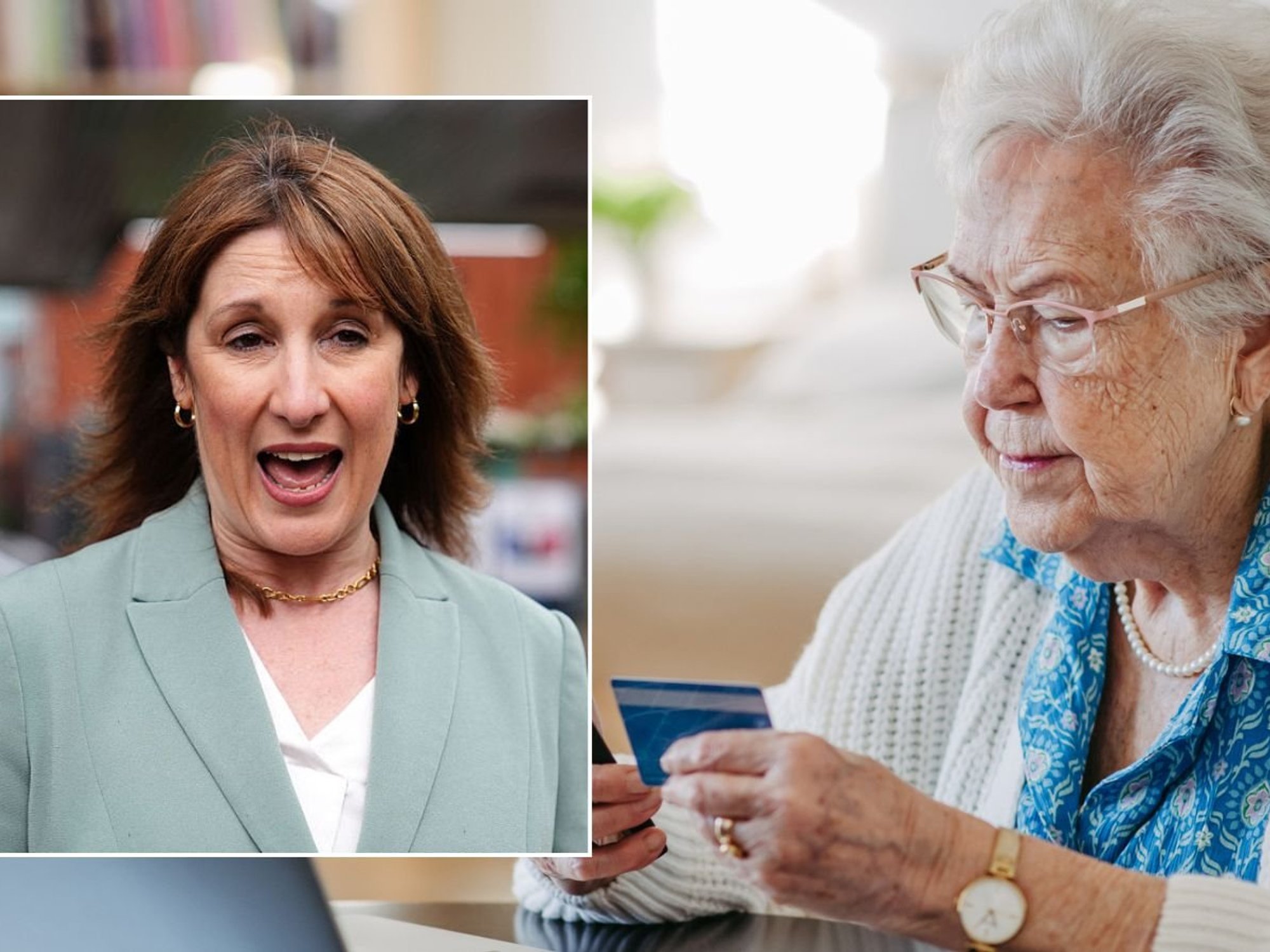Pensioner looking worried and Rachel Reeves
