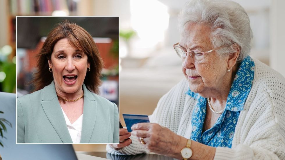 Pensioner looking worried and Rachel Reeves