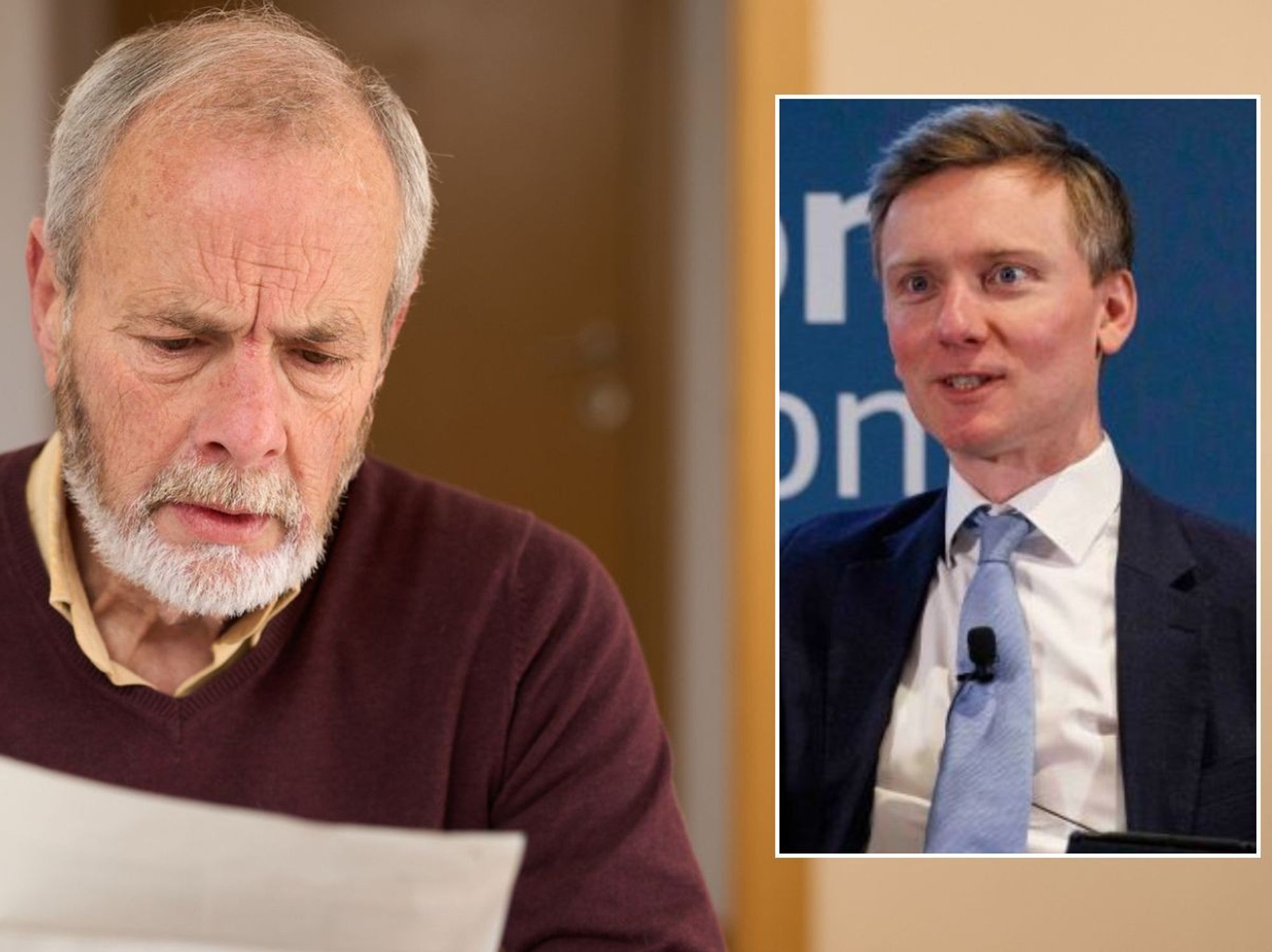 Pensioner looking worried and Torsten Bell