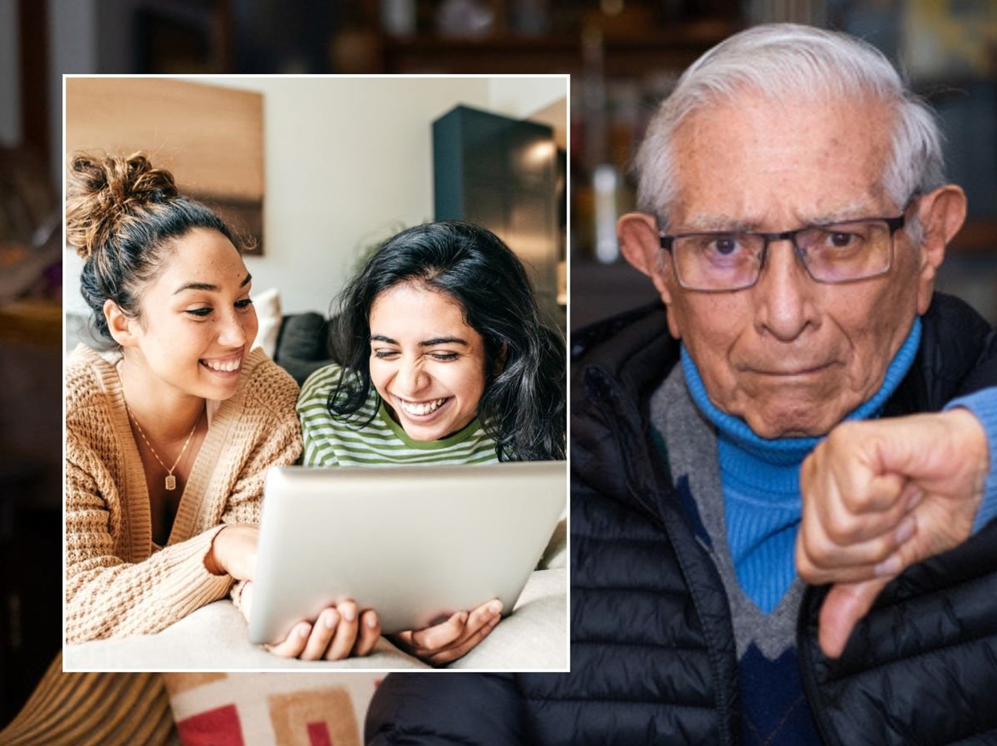 Pensioner looking worried and young people on pad