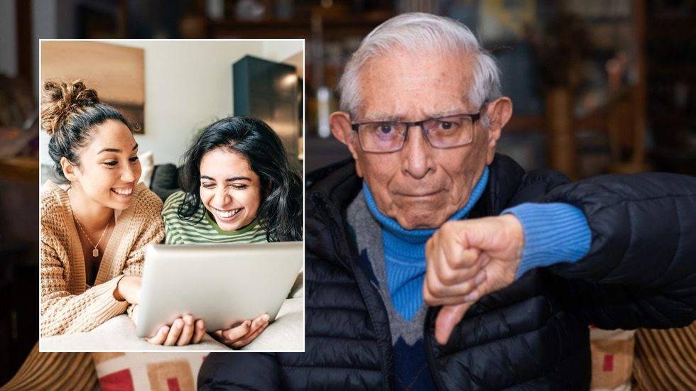 Pensioner looking worried and young people on pad