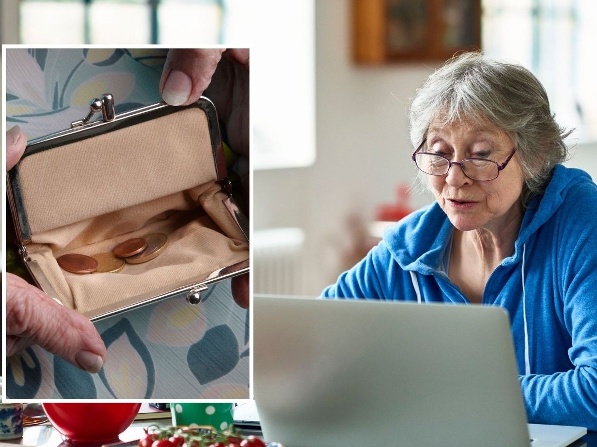 Pensioner on laptop and empty purse