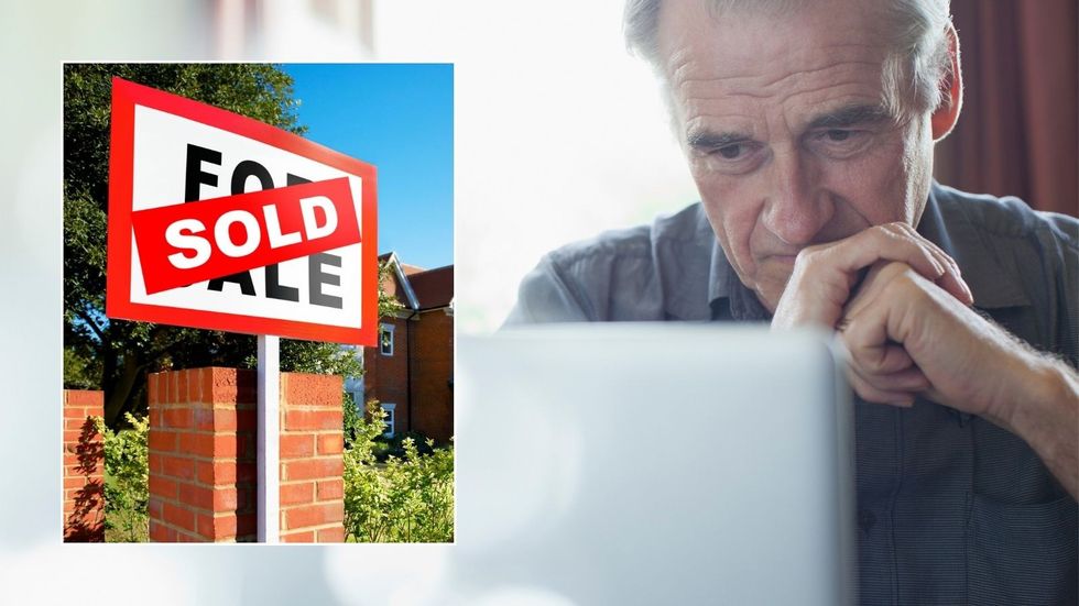 Pensioner on laptop and home 'For Sale' sign