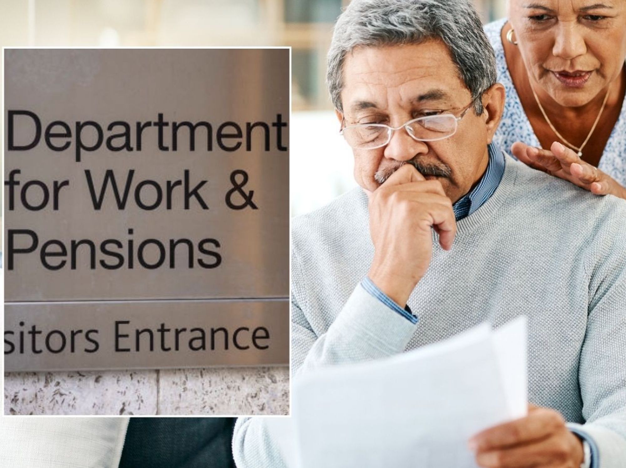 Pensioners looking at letter and DWP