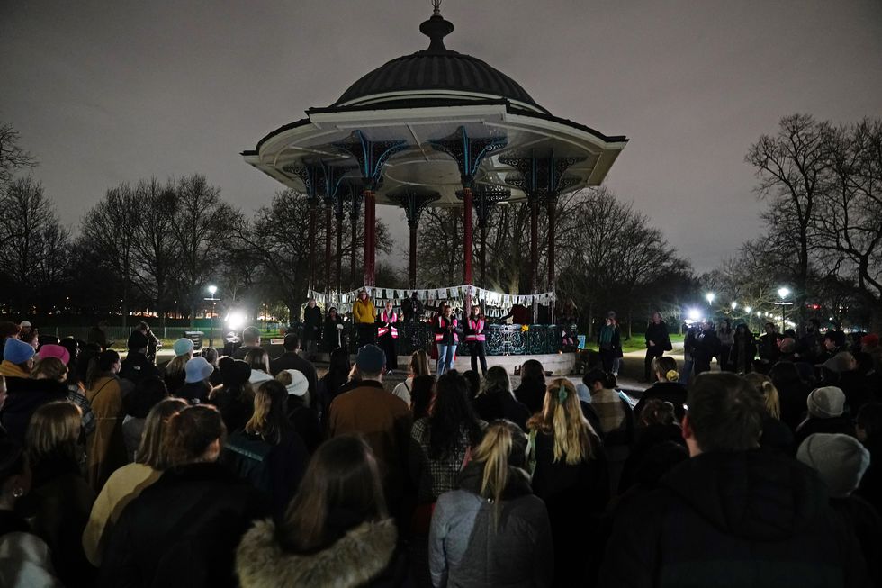 People at Clapham Common in south London, ahead of a march to mark the first anniversary of the murder of Sarah Everard. The 33 year old was raped and killed by serving Met officer Wayne Couzens as she walked home in south London on March 3 last year. Picture date: Thursday March 3, 2022.