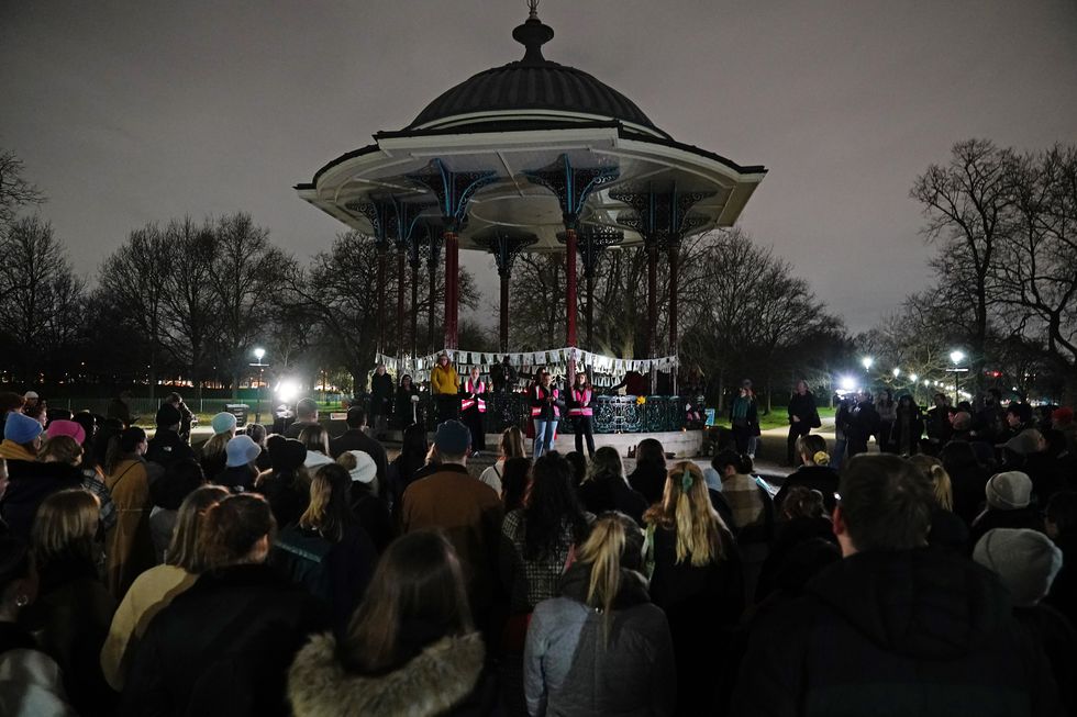 People at Clapham Common in south London, ahead of a march to mark the first anniversary of the murder of Sarah Everard. The 33 year old was raped and killed by serving Met officer Wayne Couzens as she walked home in south London on March 3 last year. Picture date: Thursday March 3, 2022.