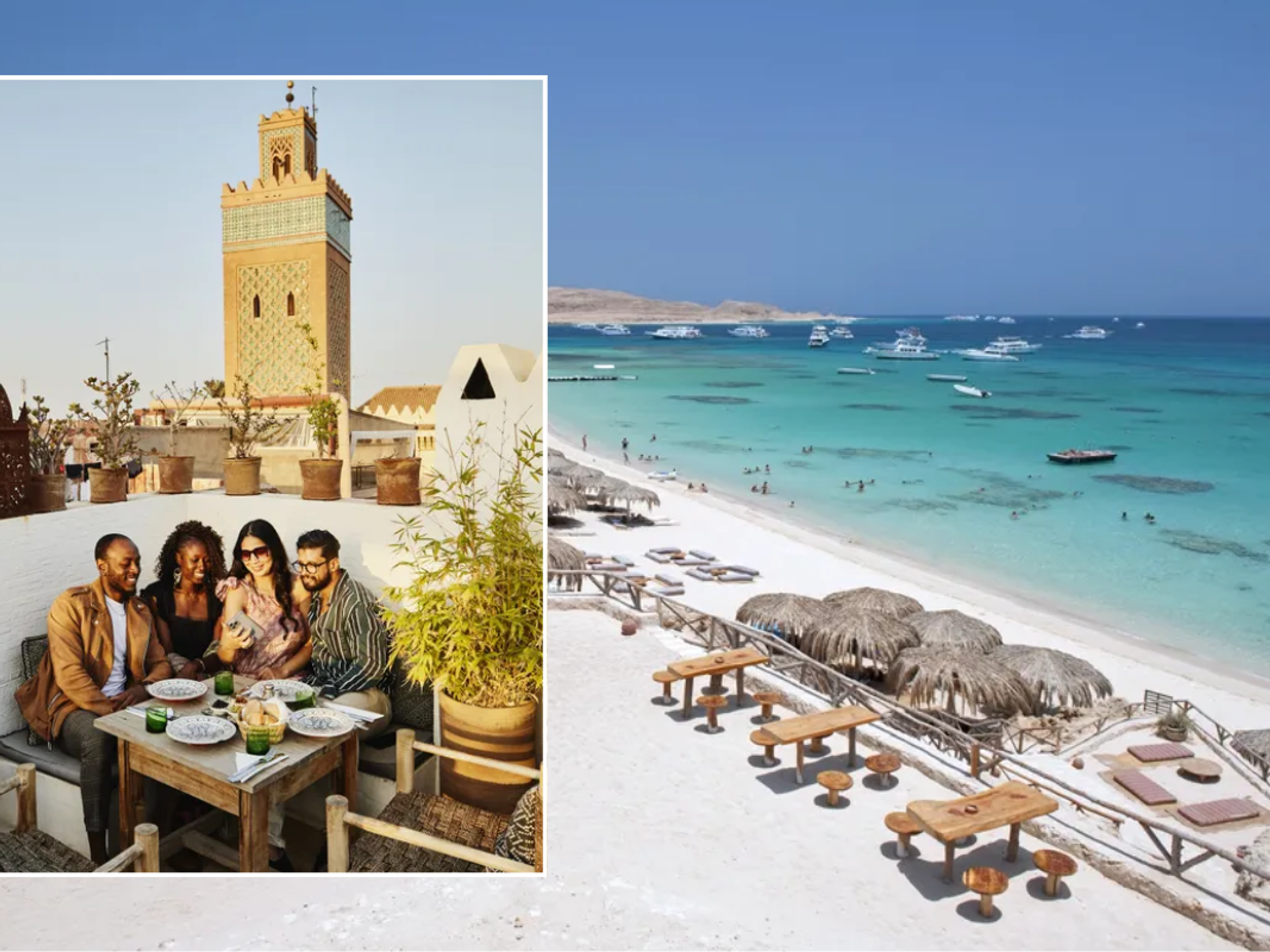 People at rooftop restaurant in the Medina, Marrakesh, Morocco / Hurghada, Red Sea, Egypt