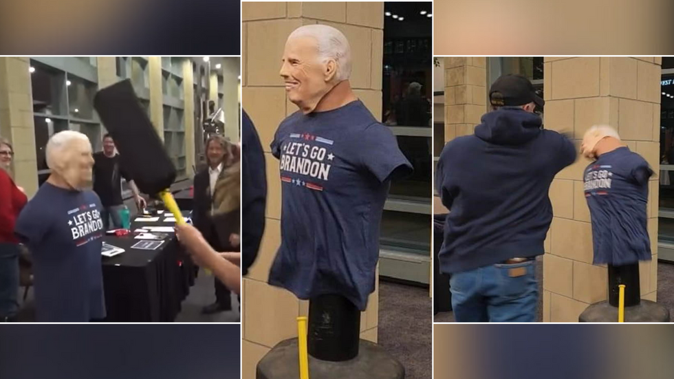 People hitting Joe Biden mannequin