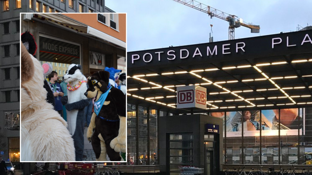 People in dog costumes (stock) met up outside the Berlin station