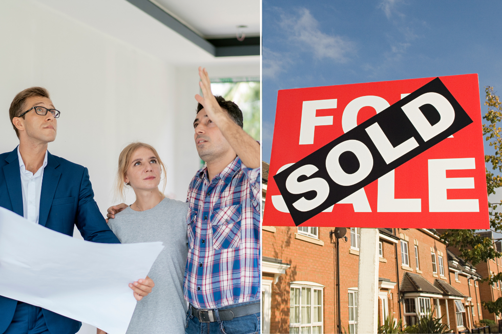 People looking at home / 'sold' for sale sign