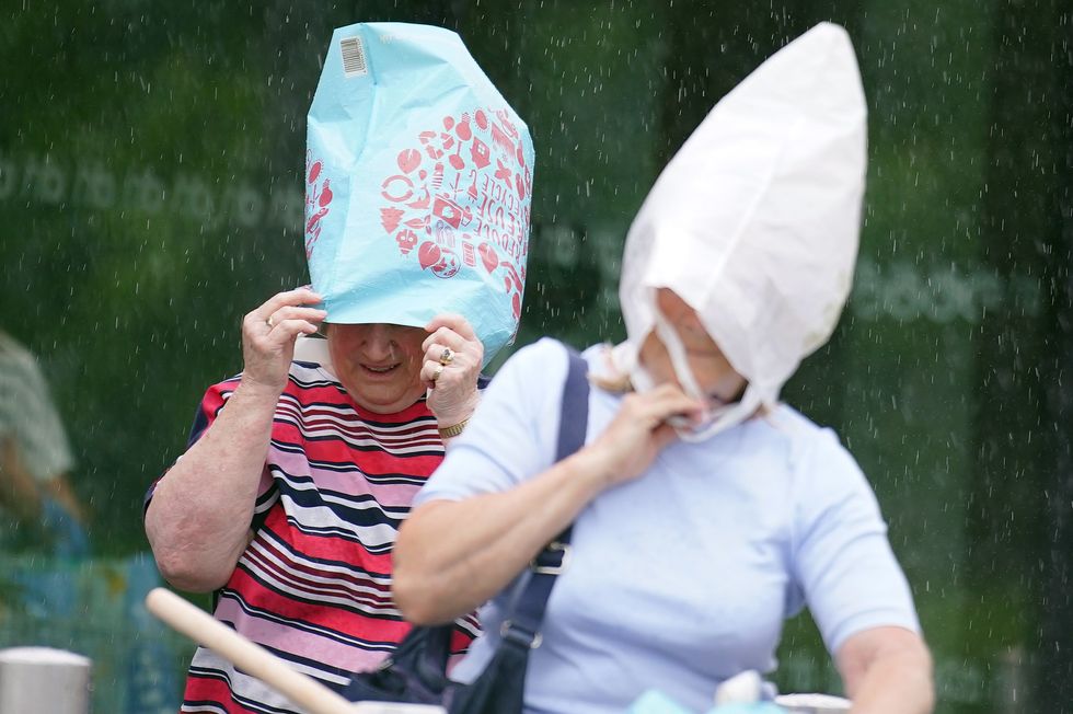 People shielding themselves from the rain