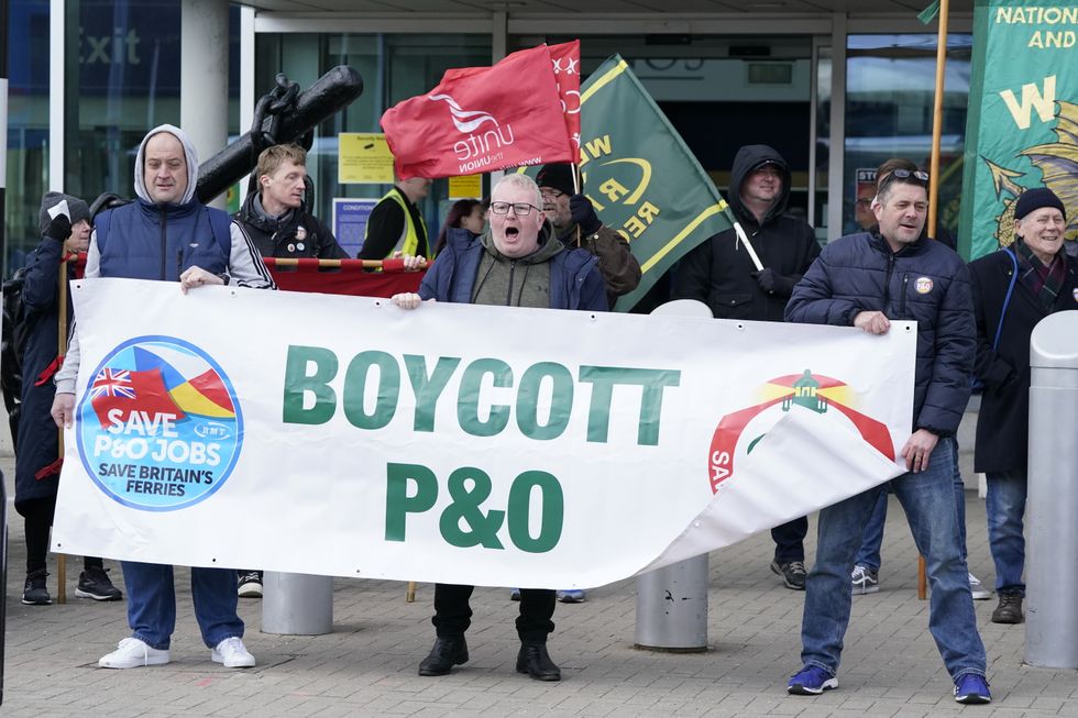 People take part in a demonstration at the Portsmouth International Port after P&O Ferries sacked 800 seafarers without notice on March 17, amid plans to bring in cheaper agency staff. Picture date: Friday April 1, 2022.