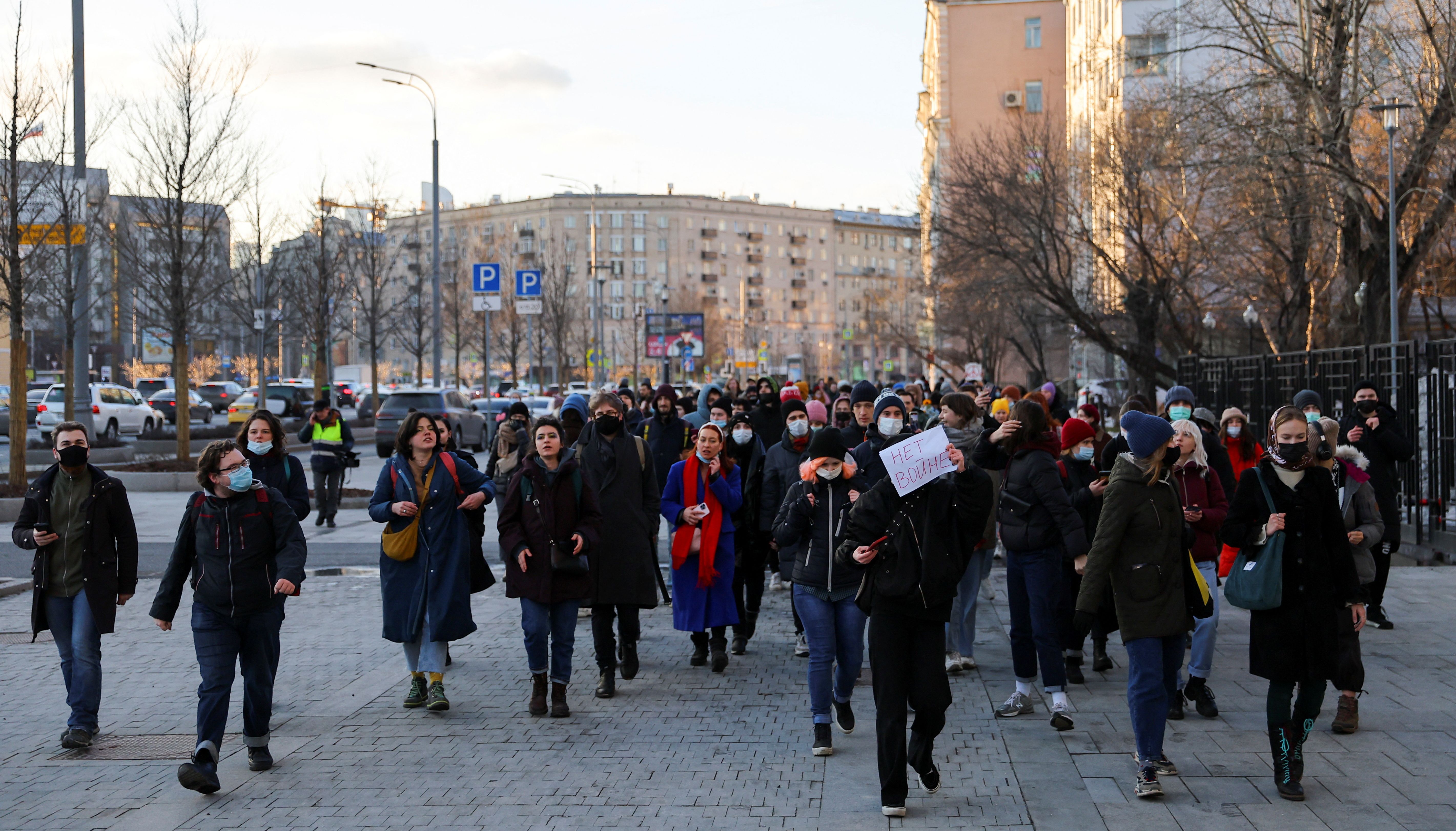 People take part in a protest against Russian invasion of Ukraine, after President Vladimir Putin authorised a massive military operation, in Moscow.