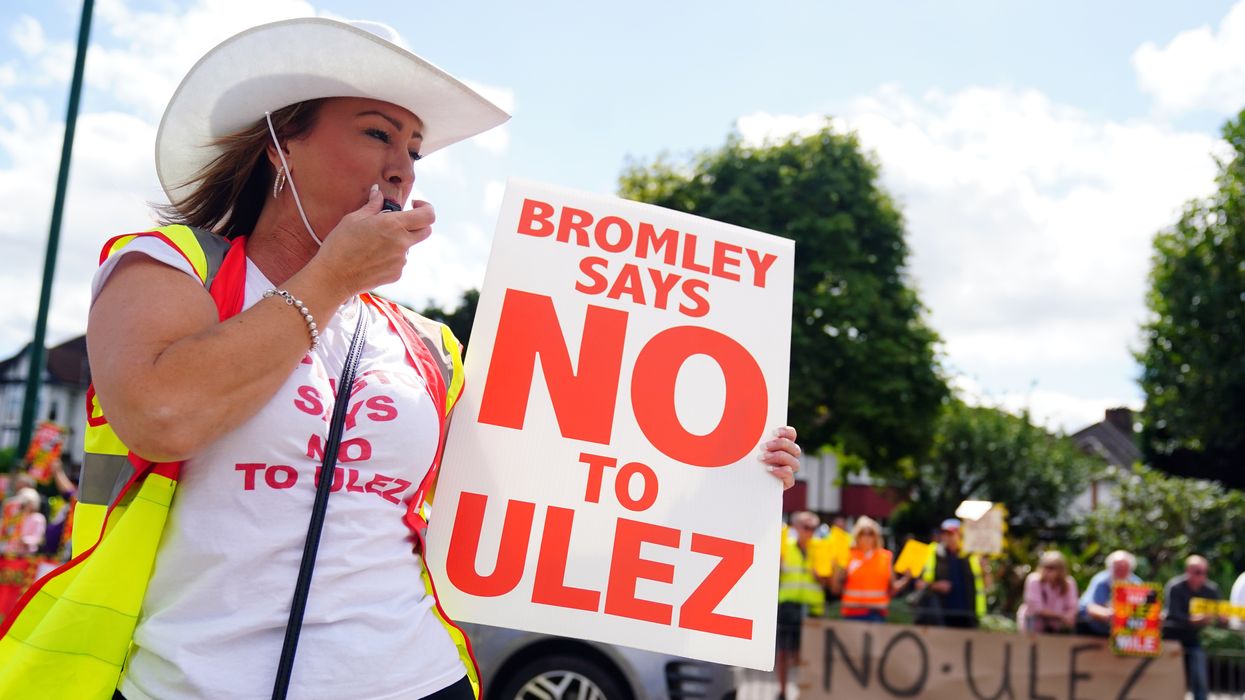 People take part in a protest against the proposed ultra-low emission zone (Ulez) expansion in Orpington, London