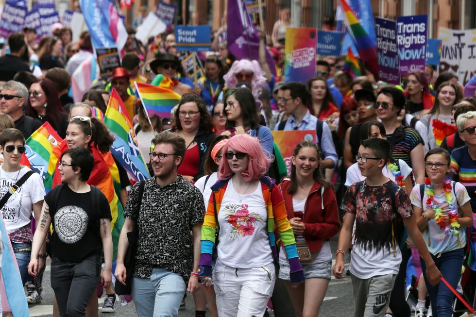 People take part in Pride Glasgow, Scotland's lesbian, gay, bisexual, transgender and intersex pride event in Glasgow.