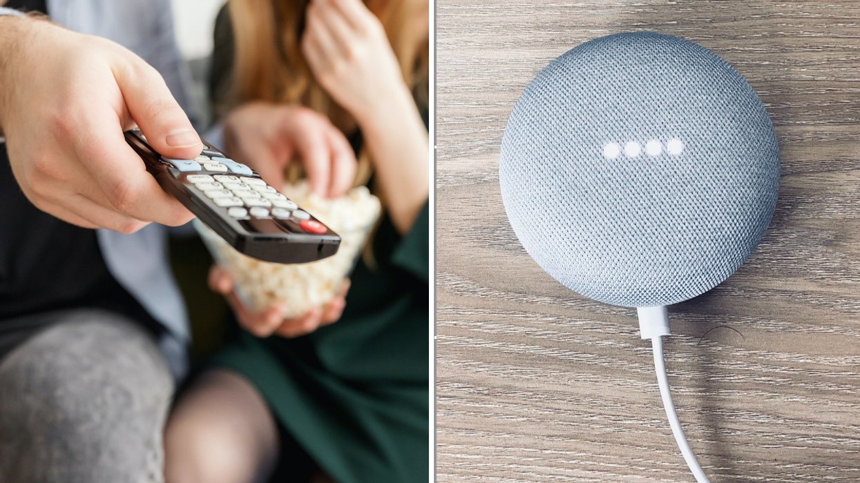 People watching TV and smart speaker at home
