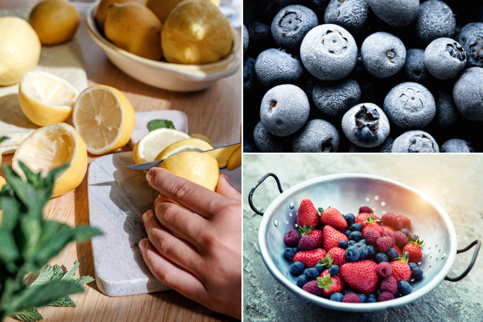 Person cutting a lemon on a chopping board; frozen blueberries; mixed berries