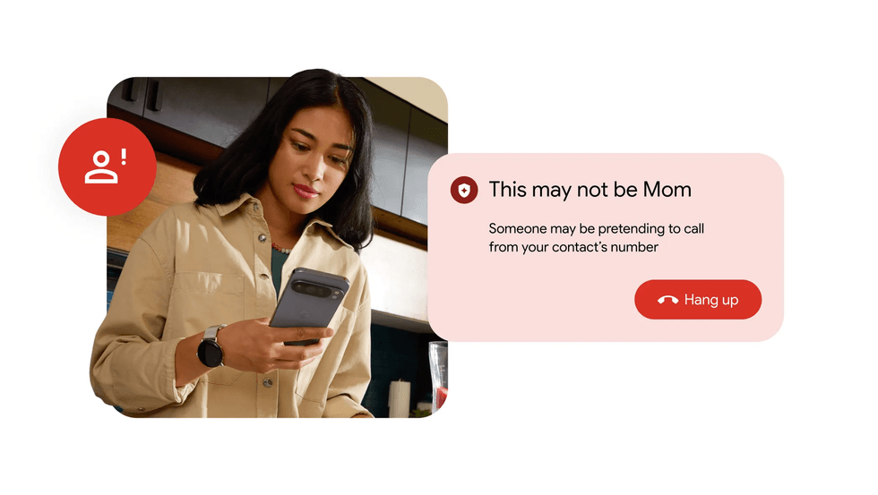 Uma pessoa com uma mensagem de aviso em um telefone celular sobre uma possível chamada fraudulenta