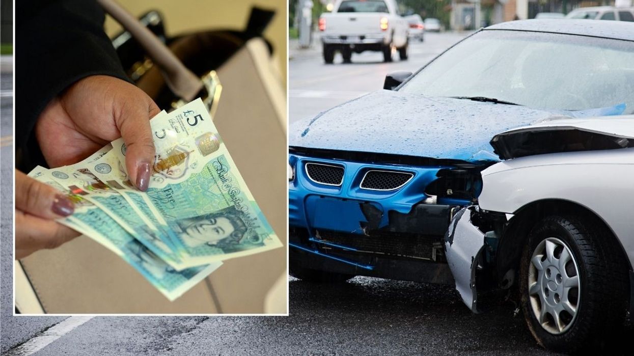 Person holding UK money and a car crash