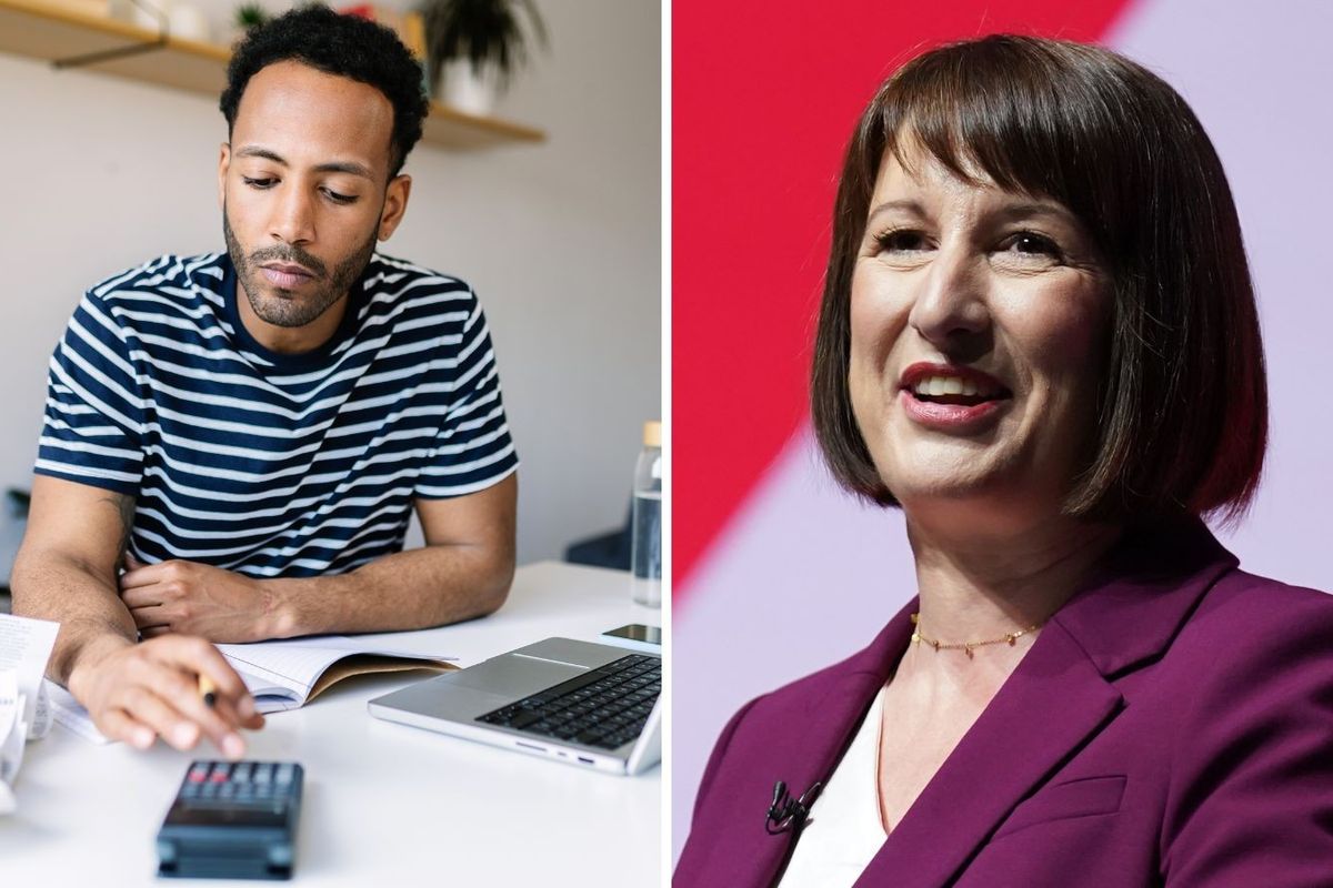 Person looks at calculator and Rachel Reeves in pictures