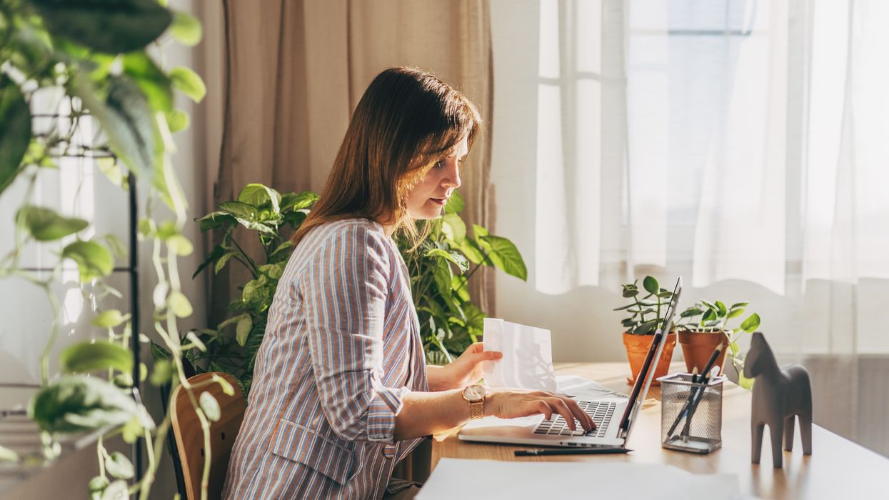 Person looks at laptop