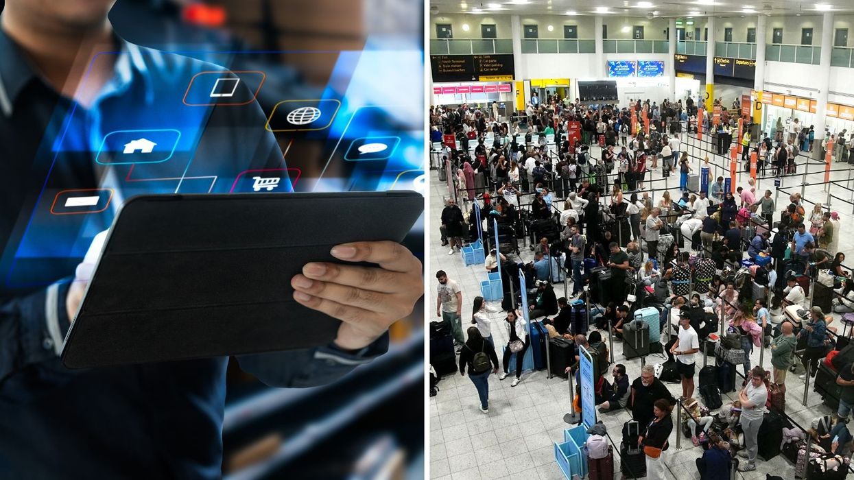 Person looks at tablet and travel chaos at airport after IT outage