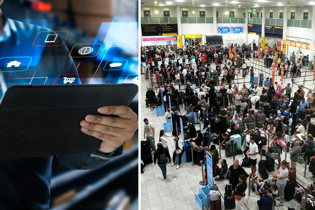 Person looks at tablet and travel chaos at airport after IT outage