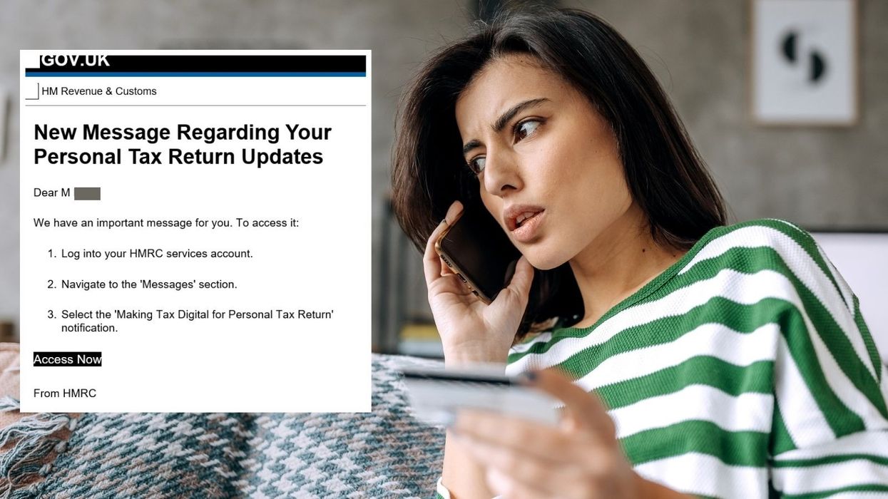 Person looks worried beside fake HMRC tax message