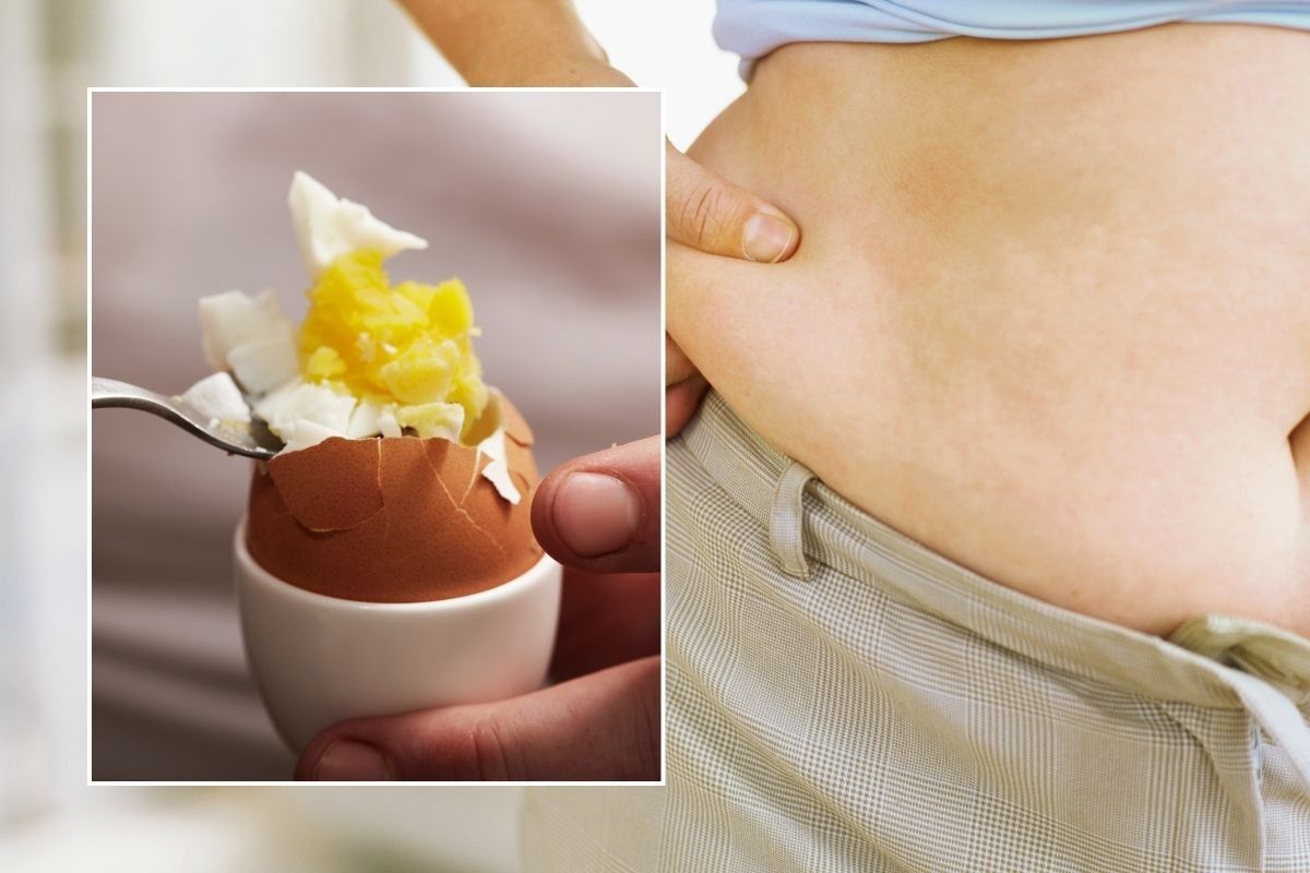 Person pinching their belly with inset of egg