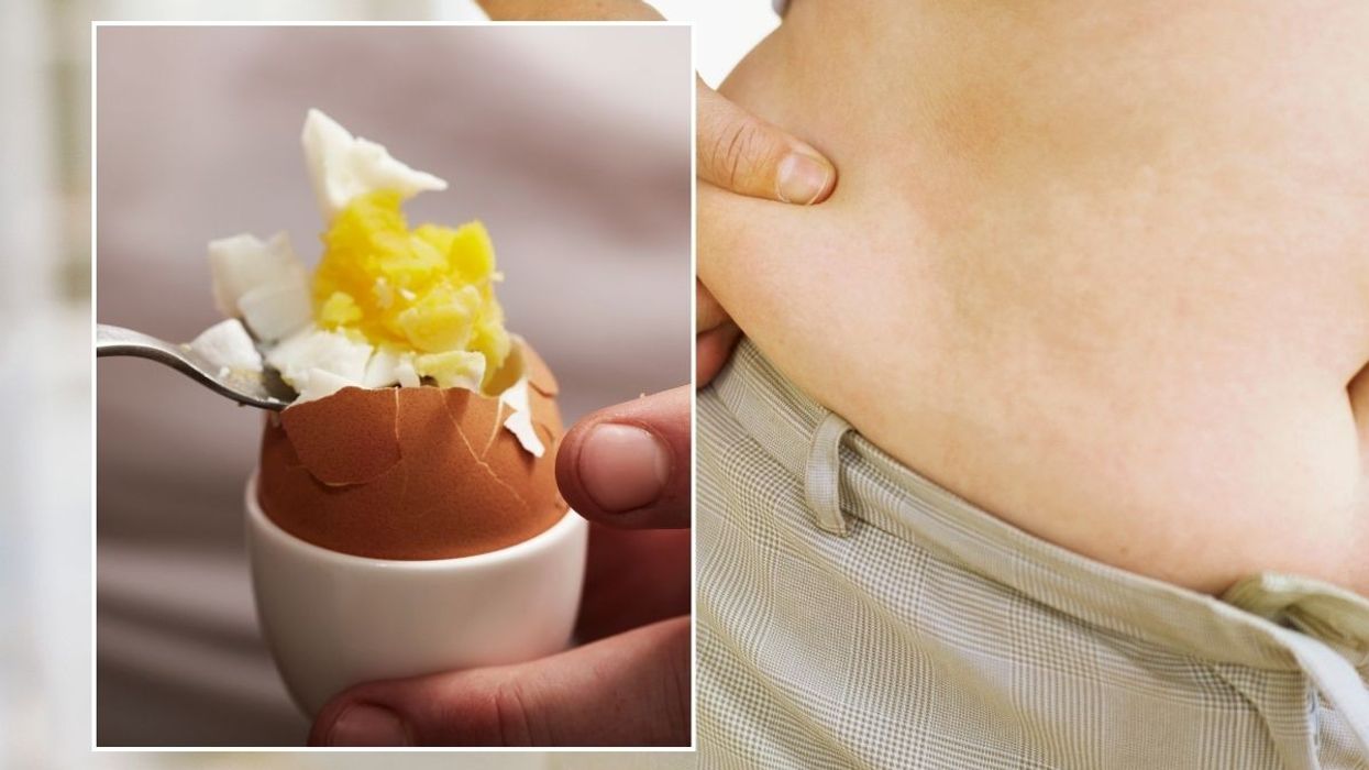 Person pinching their belly with inset of egg