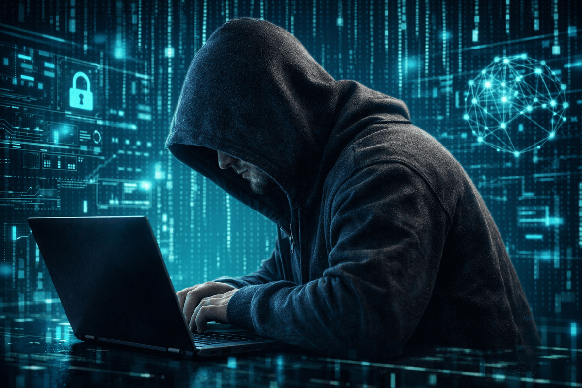 Person typing on laptop with a digitized background