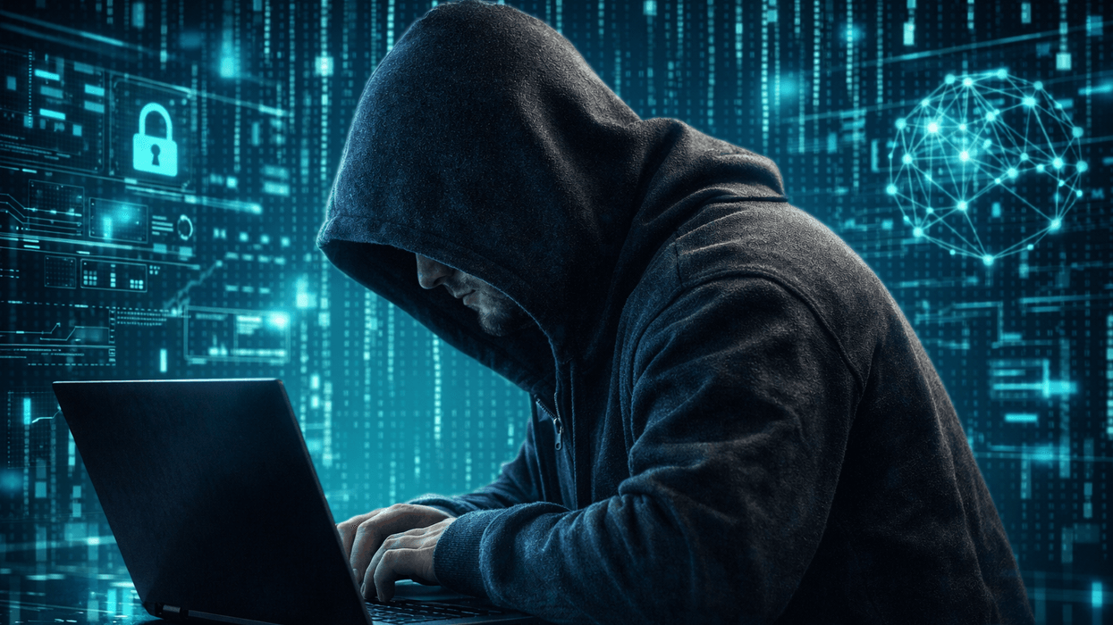 Person typing on laptop with a digitized background